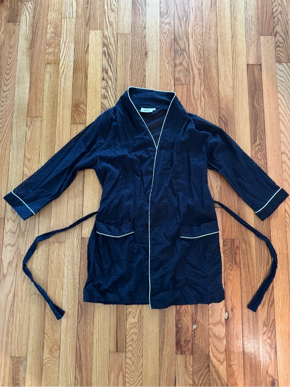 Sleepy Jones Navy Robe women’s small dot with White Piping